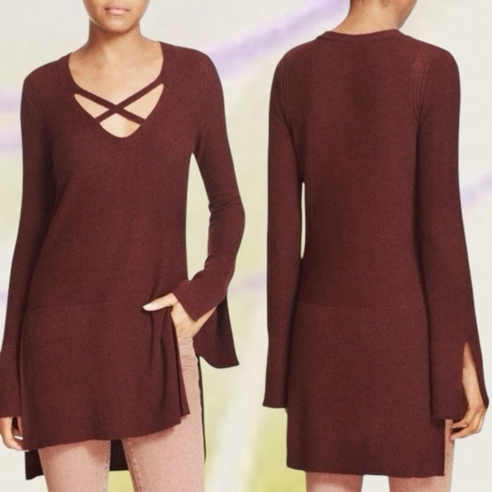 Free People Crisscross Front Bell-Sleeve Step Hem Sweater Tunic in “Mocha” Brown